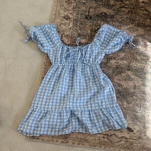 Blue Gingham Off-Shoulder Mini Dress